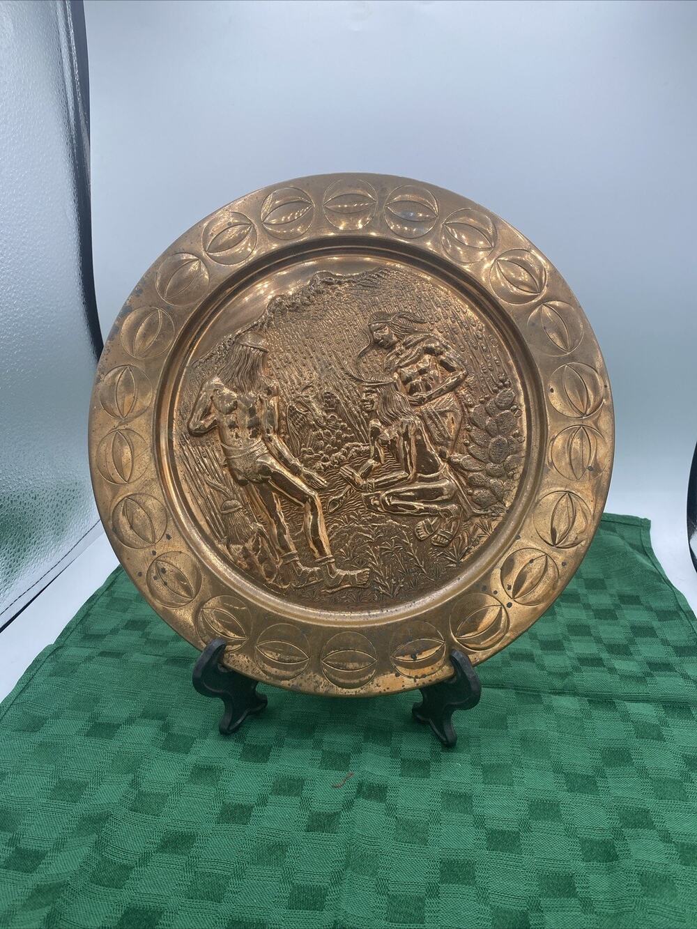 Vintage 11” Embossed English Copper Art Decorative Plate 3-Aztec Indians